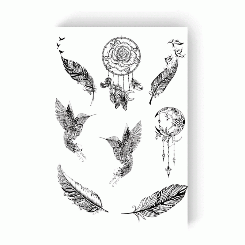 Татуировка - одноразовая наклейка Ловец снов и птицы 15,5x21см