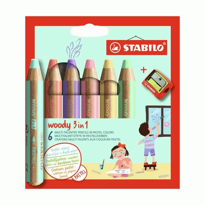 Цветные карандаши STABILO WOODY 3в1, 6 цветов + точилка, пастель