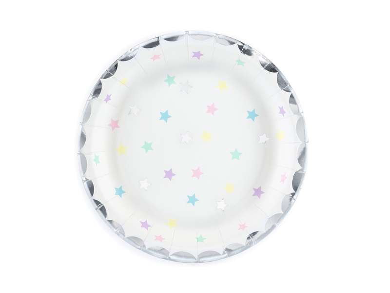 Бумажные тарелки 18см/6шт. белый/серебристый со звездами