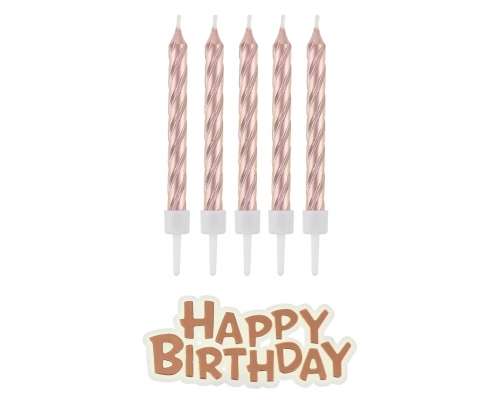 Свеча для торта "Happy Birthday" розовое золото, 16шт.