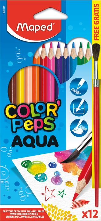 Цветные карандаши MAPED AQUA, 12 цветов+кисточка