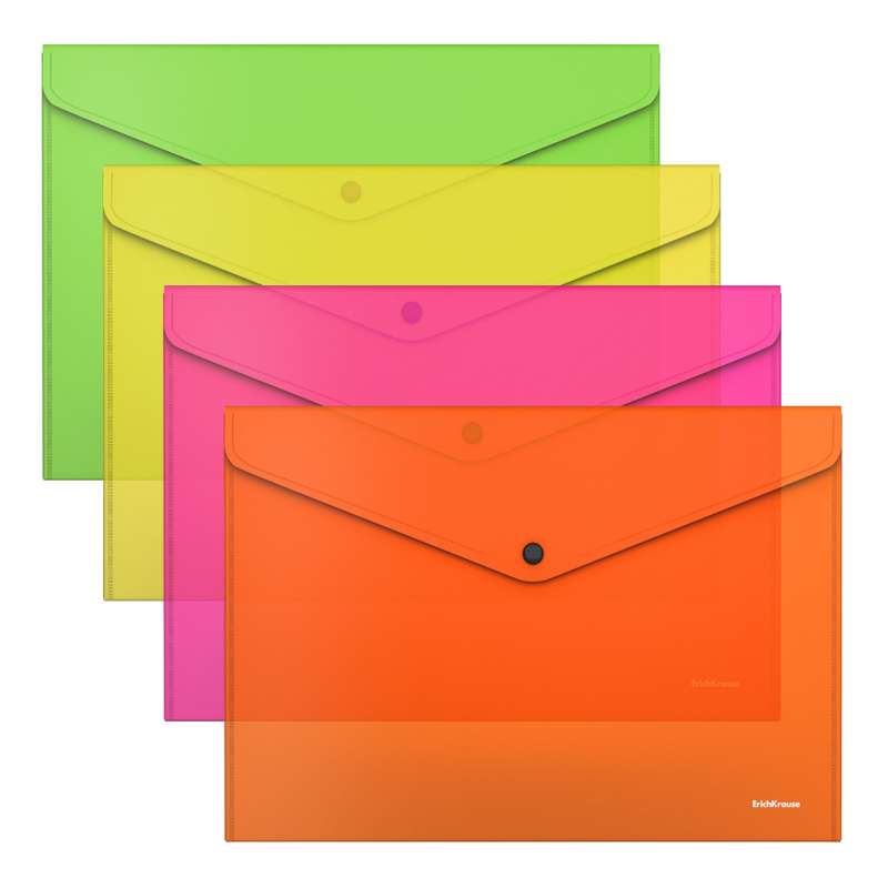 Папка-конверт на кнопке пластиковая ErichKrause Glossy Neon, полупрозрачная, A4, ассорти 
