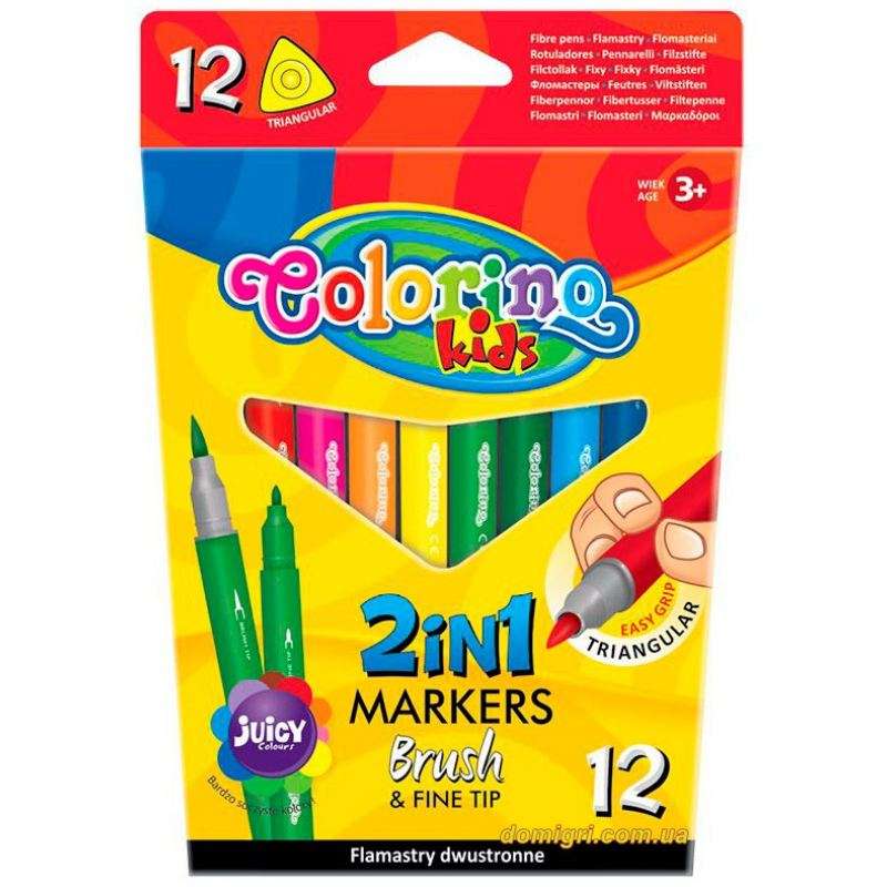 Фломастеры Colorino,Brush&Fine tip, двухсторонние, 12 цветов