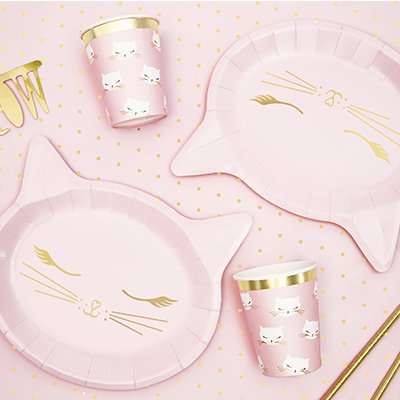 Бумажные тарелки Кот, 22x20см, розовые