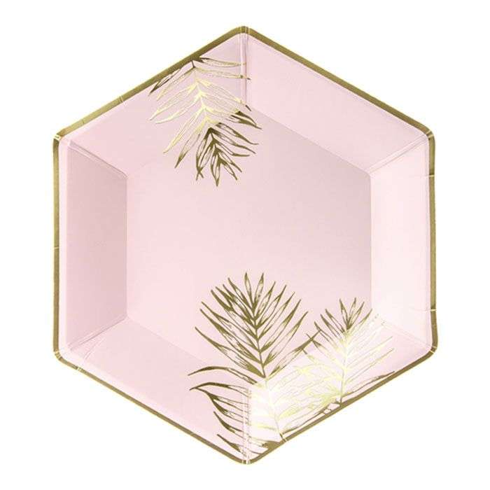 Бумажные тарелки/шестиугольники Листья, 23см 6шт розовые